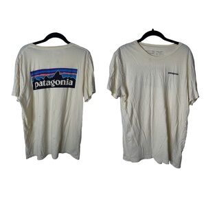 PATAGONIA Pastel Yellow Graphic Print Logo Cotton Reye Tee Size Large